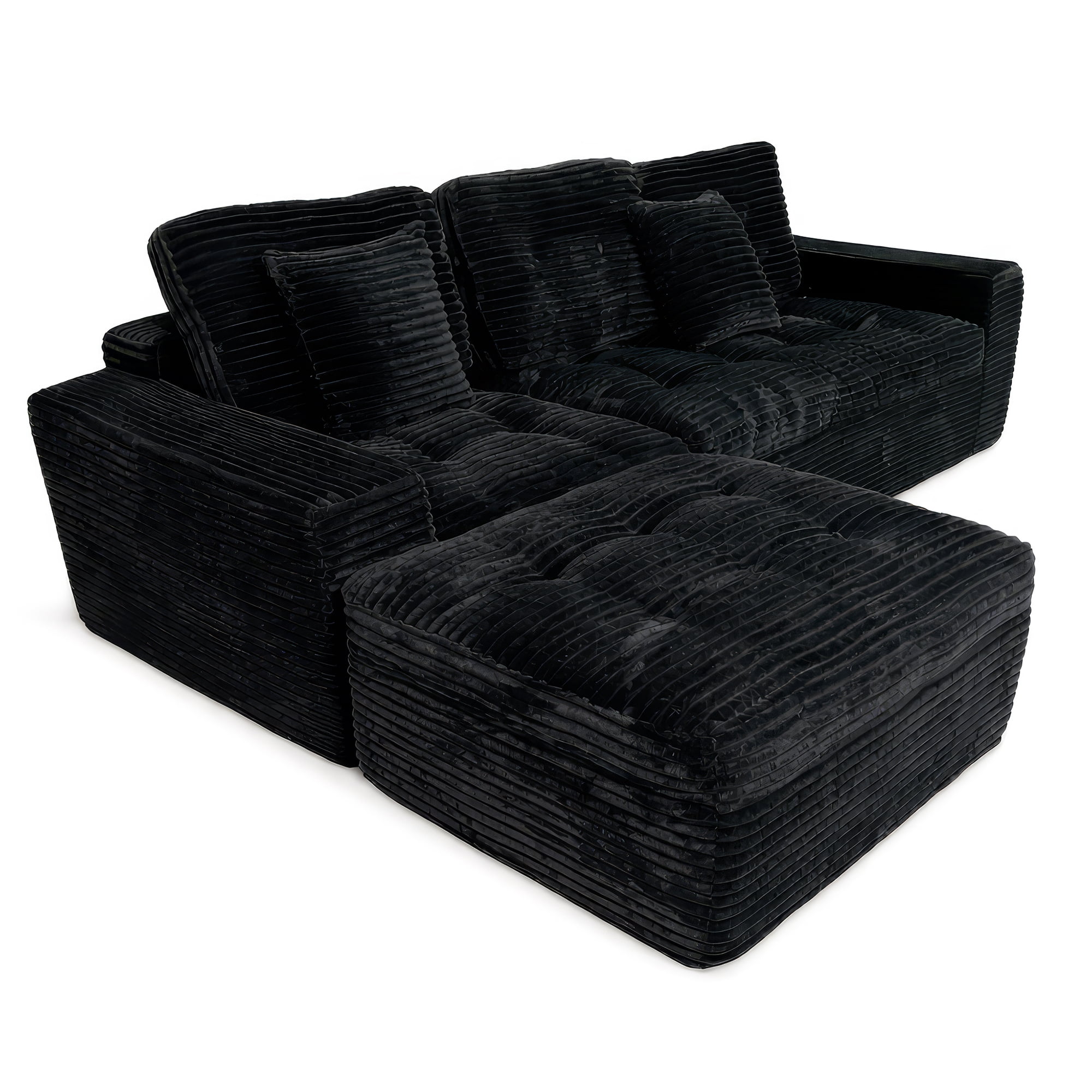 Compressed Pure Foam Boneless Sofa Set with Ottoman, Upholstered Faux Fur Tufted Couch, 3-Seater Floor Sectional Sofa