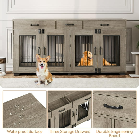 EDTara 71" Extra Large Dog Crate, Wood Furniture Style Double Kennel with Storage Drawers & Divider for Living Room