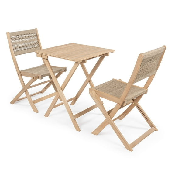 Javea Modern Coastal 3-Piece Acacia Wood Outdoor Folding Bistro Set, Cream/Light Teak