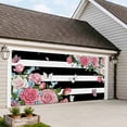 thumbnail image 4 of Pink Flowers Garage Door Cover Banner 7 x 8 FT,Spring Floral Butterflies Black White Striped Farmhouse Garage Door Curtains Backdrop with Grommets for Indoor Outdoor Wall Party Porch Yard Decor, 4 of 9