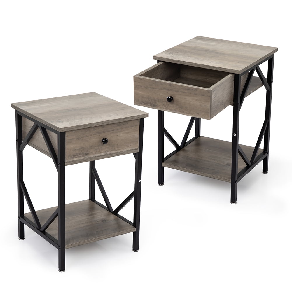 Kadyn Set of 2 Nightstand Industrial End Table with Drawer, Storage Shelf and Metal Frame for Living Room, Bedroom, Washed Gray Kadyn Set of 2 Nightstand Industrial End Table with Drawer, Storage Shelf and Metal Frame for Living Room, Bedroom, Washed Gray