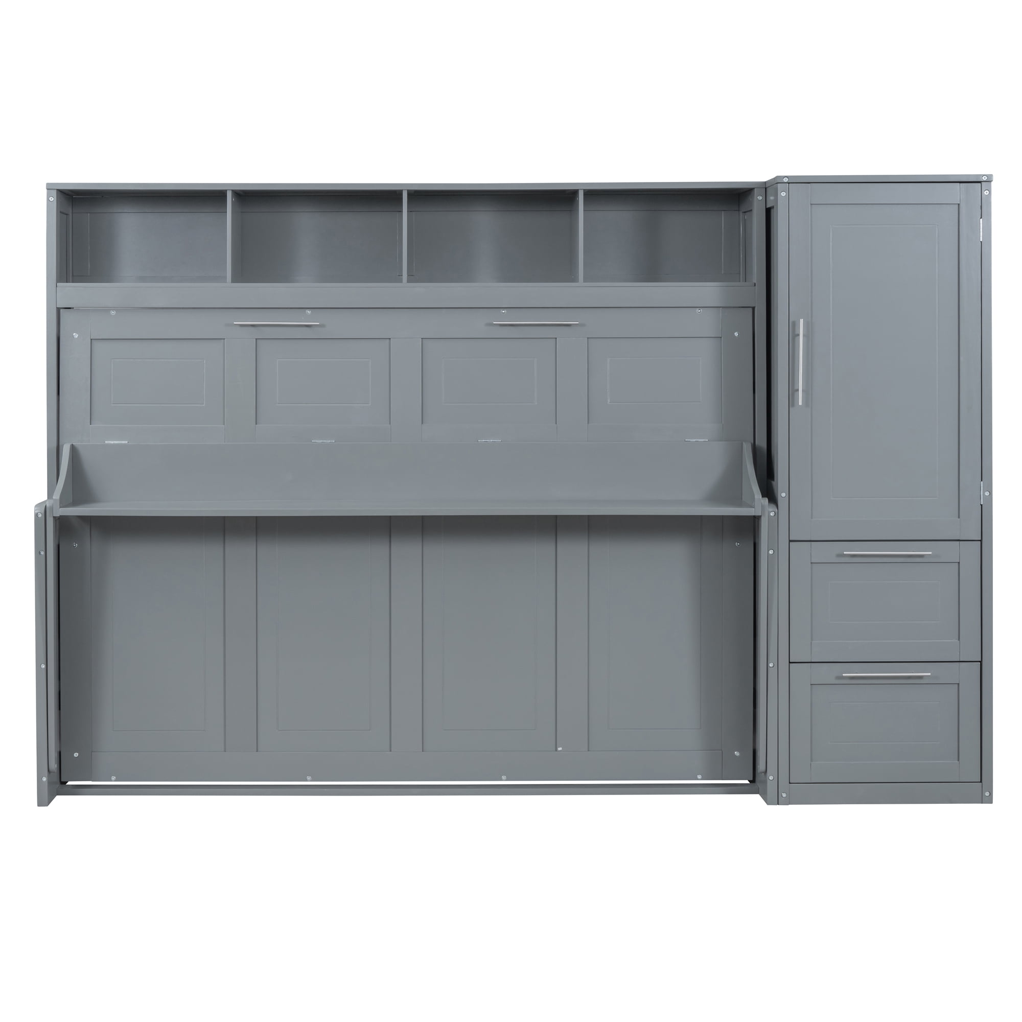 Euroco Wood Queen Size Murphy Bed with Wardrobe, Convertible Wall Bed wiht Cabinets and Shelves, Gray