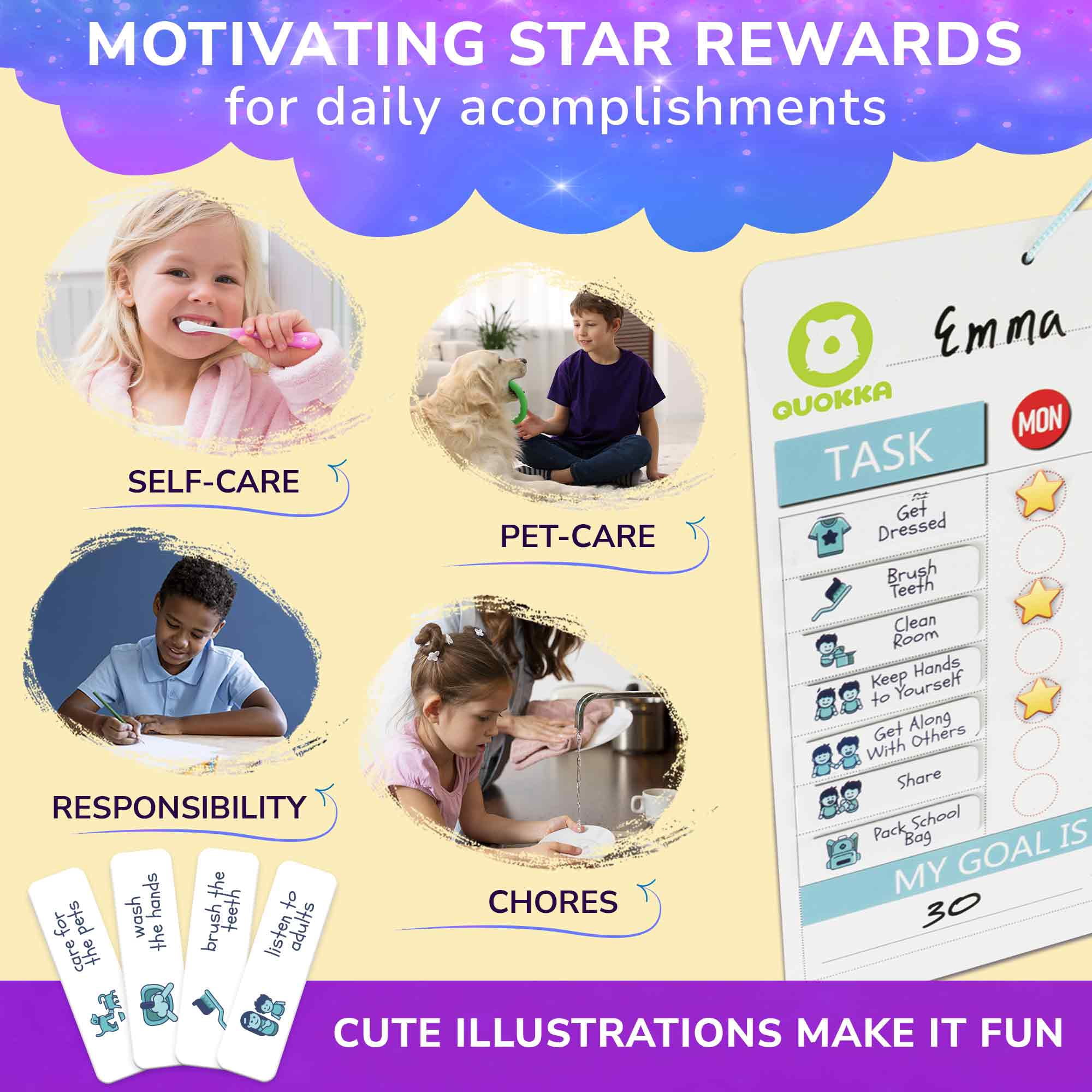 Quokka Magnetic Chore Chart for Kids - Reward Behavior Chart for Kids at Home - Dry and Erase Responsibility Schedule Board