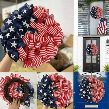 

Fall Deals! Patriotic Wreath Independence Day Wreath American Flag Decoration Front Door Garland Spring Fabric Wreath for Front Door Entryway