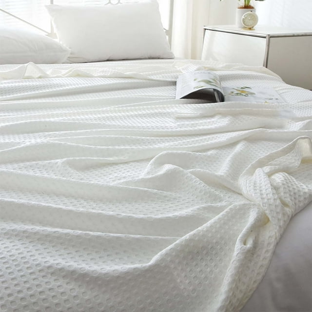EIMELI Cotton Blankets Queen Size Bed - Waffle Weave Blankets Summer Lightweight and Breathable Soft Woven Blankets Spring White 43.31x51.18in (White)