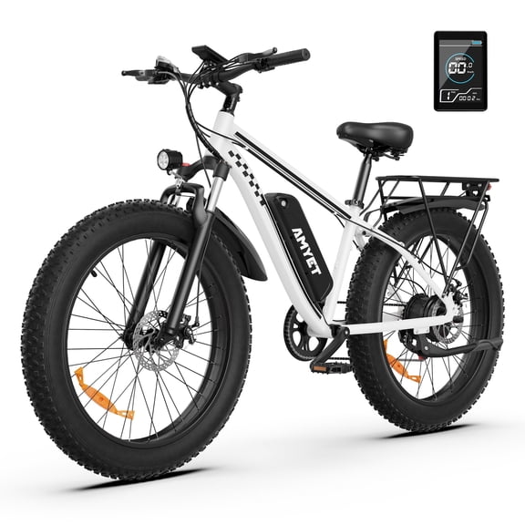AMYET EB26 Electric Bike for Adults, 26*4.0 Fat Tire E-Mountain Bicycle,Peak 1500W Motor 48V 15Ah 7-Speed Ebike UL2849 White
