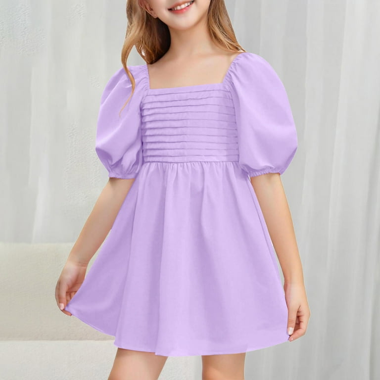 Fesfesfes Girls'Summer Solid Color Short Sleeve Crew Neck Elastic Waistband Dress with Pockets Casual Comfortable Cotton Blend Dress for Kids(Purple,5 Years)