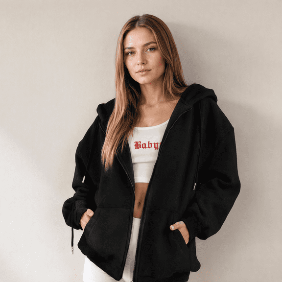 Jsaierl Oversized Zip Up Hoodie for Women Baggy Loose Basic Zipper Hooded Sweatshirt Coat Y2K Jacket