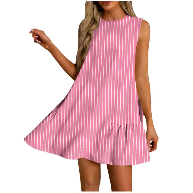 Vestido Corto para Mujeres Verano Moda Casual Impreso Lado Plisado Cuello Redondo Vestido sin Mangas para el Uso Diario