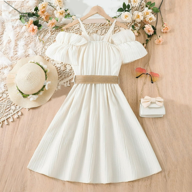 Fourth+of+July+Deals Girls Cold Shoulder Ruffle Trim Short Sleeve Belted A  Line Midi Dress Today's Deals - Walmart.com