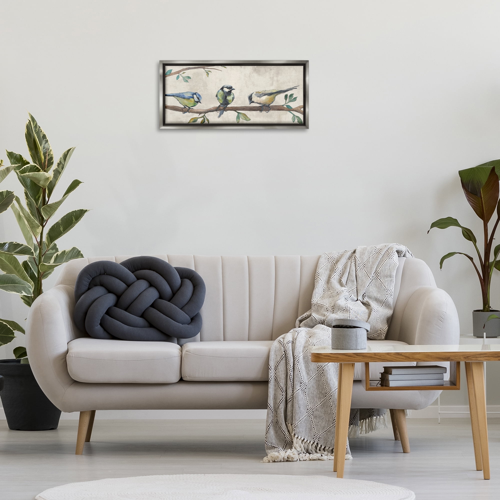 Stupell Industries Perched Songbirds on Branch Animals Painting Gray Floater Framed Canvas Art Print Wall Art, 25 x 11