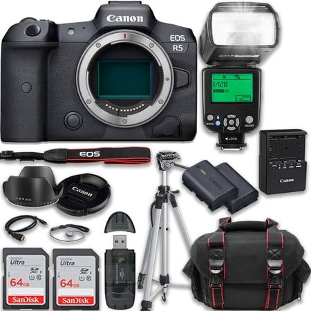 Canon EOS R5 Full Frame Mirrorless Camera (Body Only) Bundle + 128GB Memory Card + Accessories including: TTL Flash, Extra Battery, Case, Tripod & More