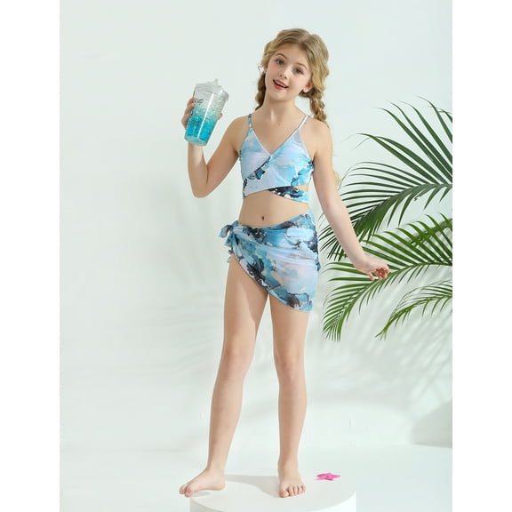 Bullpiano Girls Swimsuits, Big Girls Solid 7-14 Bikinis Bathing Suit, 3 Pieces, Size 7-14T