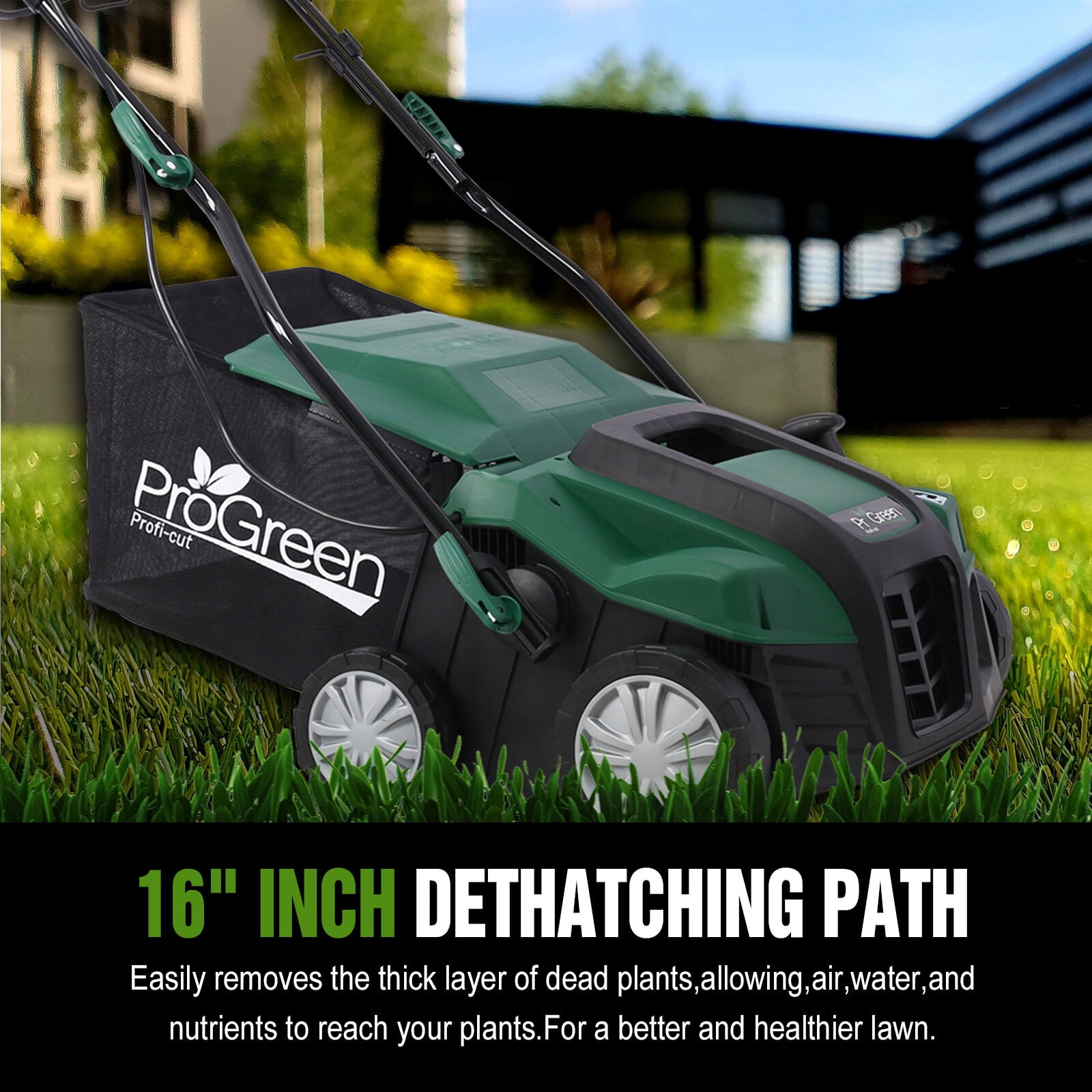 , Garden Scarifier, 2-in-1 16INCH Dethatcher Scarifier,15 Amp Electric Lawn Dethatcher,Removable Collection Bag extra large 58QT, Green ,Metal ,