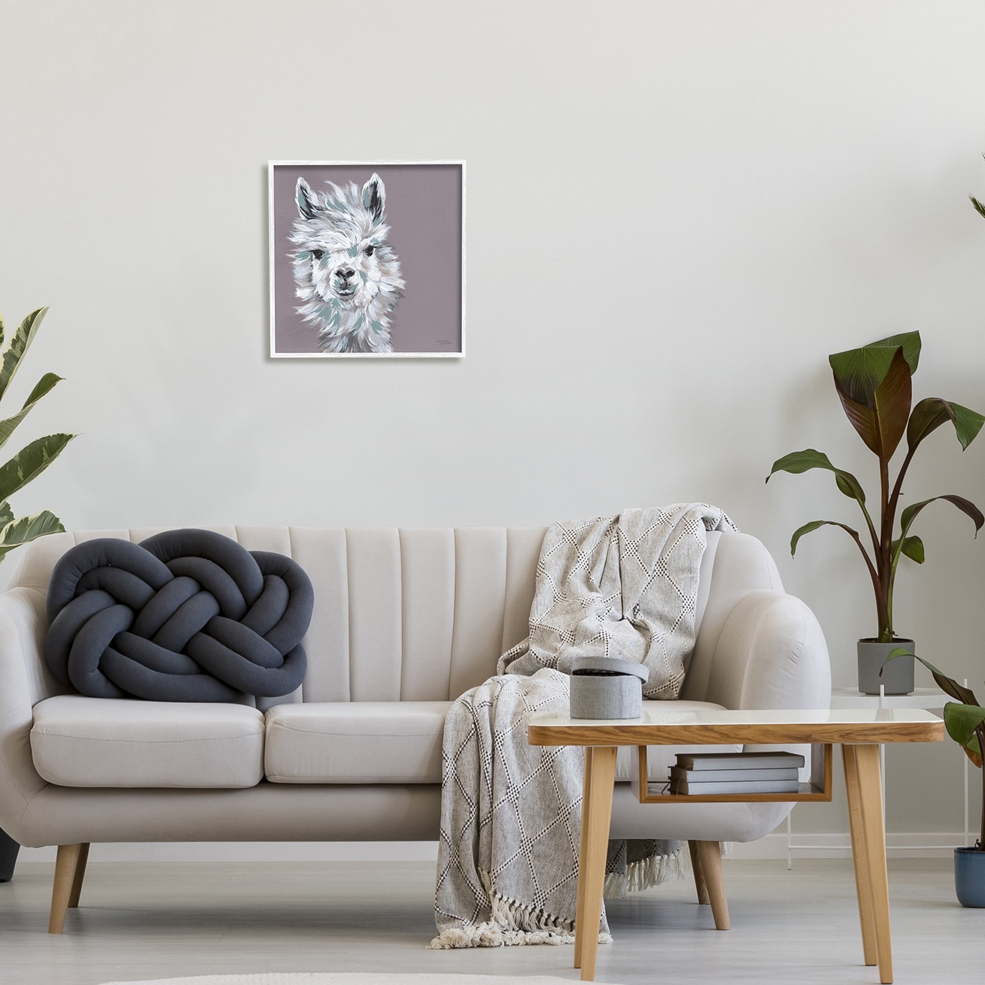 Michele Norman Adventurous Llama Breezy White Haired Alpaca Wise Glance 17" x 17" Framed Painting Art Print, by Stupell Home Décor