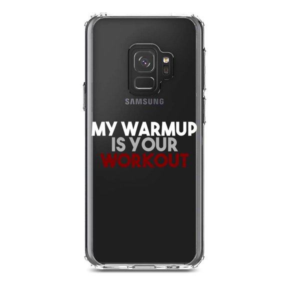 DistinctInk Clear Shockproof Hybrid Case for Samsung Galaxy S9 (5.8" Screen) - TPU Bumper Acrylic Back Tempered Glass Screen Protector - My Warmup is Your Workout