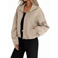 thumbnail image 3 of Women Casual Stand Collar Zip Up Fashion Hem Drawstring Pocket Loose Baseball Jacket with Pockets Khaki M, 3 of 9