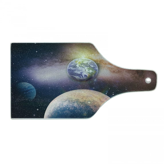 Universe Cutting Board, Panoramic View of Cosmic View of the Earth the Sun and Galaxy, Decorative Tempered Glass Cutting and Serving Board, in 3 Sizes, by Ambesonne