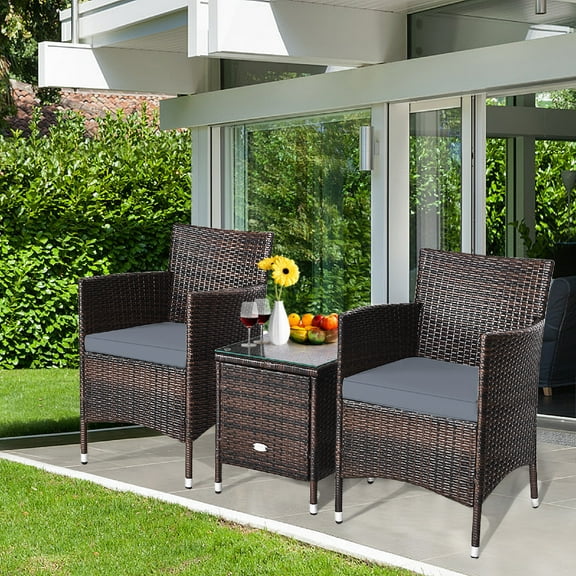 Patiojoy 3-Piece Patio Wicker Rattan Furniture Set Conversation Sofa Set  W/Coffee Table Grey