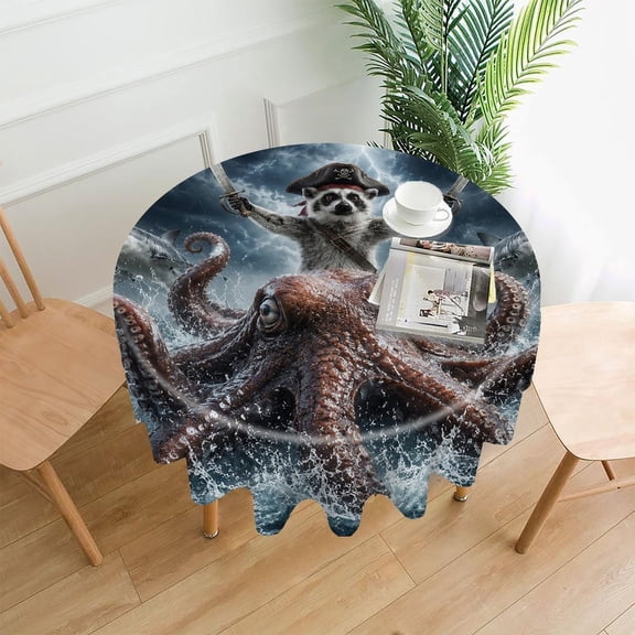 RKSupls 60 Inch Round Tablecloth, Lemur Pirate Octopus Sharks Premium Polyester Straight Edge Wrinkle Resistant Washable Table Cover for Party Home Dining Decor