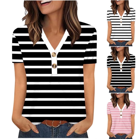 Ashirexll Short Sleeve Shirts for Women, Summer Shirts for Women, Fashion Casual V-Neck Button Striped Short Sleeve Shirt
