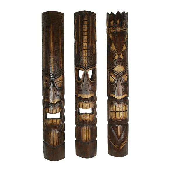40 Inch Carved Wood Tiki God Masks Tropical Beach Hawaiian Home Decor Set of 3
