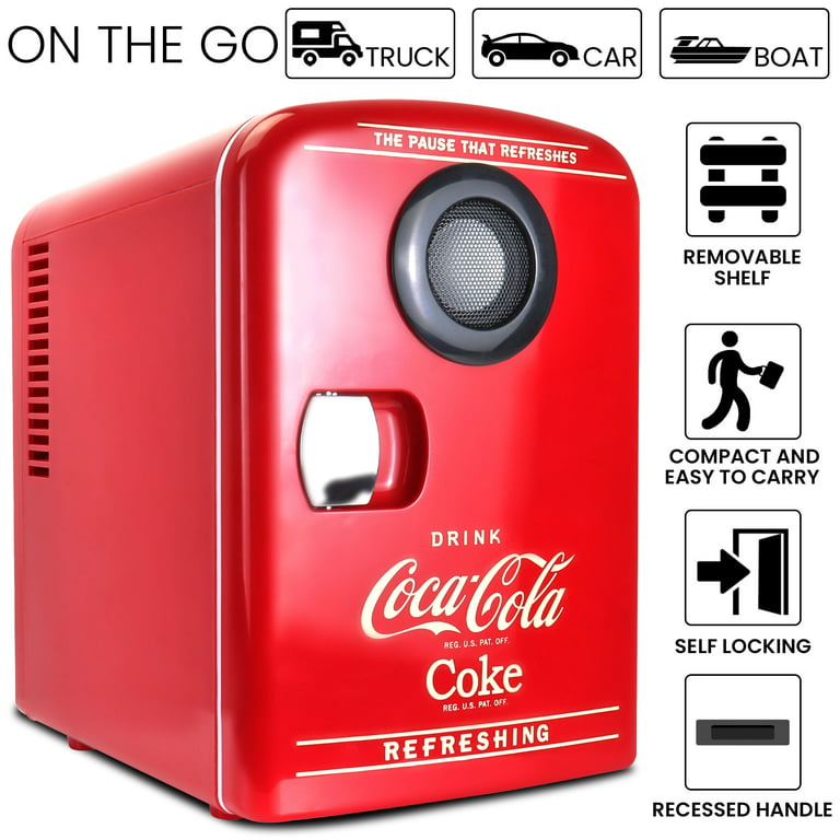 Coca-Cola 6 Can Portable Cooler/Warmer Built-in Bluetooth Speaker  Refrigerator 