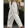 thumbnail image 3 of QATAINLAV Summer Cotton Linen Pants Women Casual Drawstring Waist Hollow Out Straight Leg Trouser Lightweight Beach Pants with Pockets, White, XL, 3 of 7