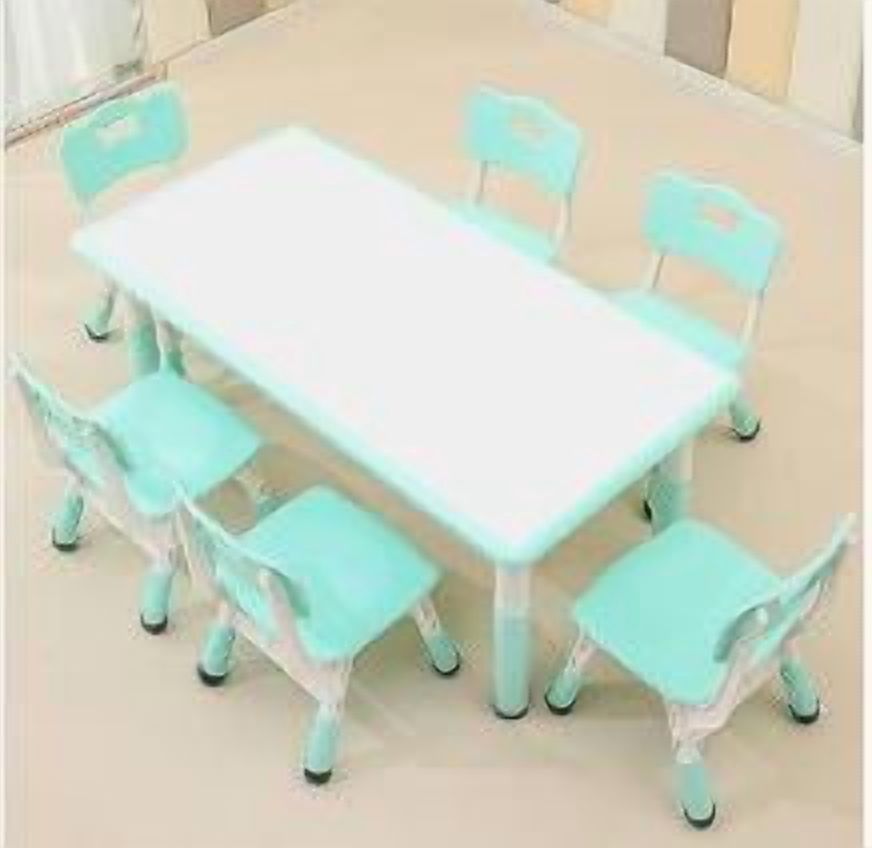 Ataucjin 7 PCS Kids Table and Chairs Set, Toddler Height Adjustable Desk with Graffiti Desktop, Arts & Crafts Table with 6 Seats, Non-Slip Legs, Max 300lbs, Suitable for Kids Table and Chairs Ages 2-1