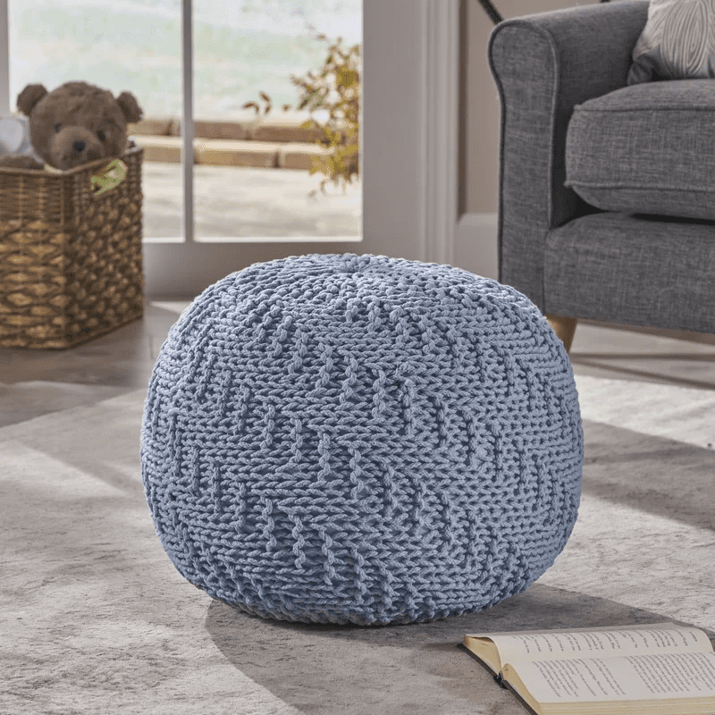 Teal Round Cotton Pouf Ottoman Hand Knitted Foot Rest for Couch Versatile Footstool for Living Room Bedroom Patio Nursery or Lounge