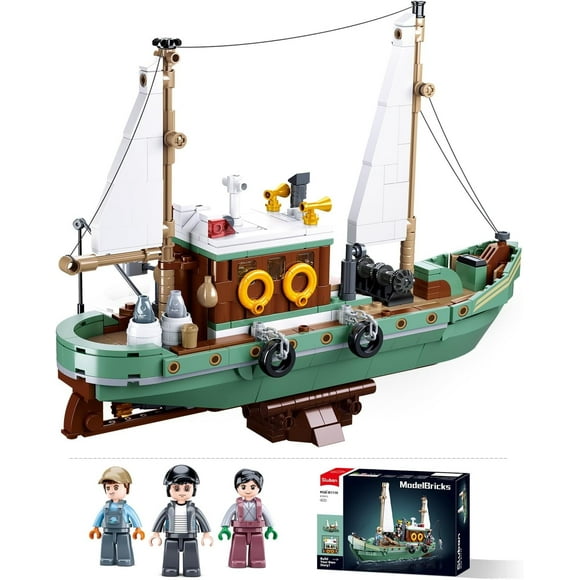 Fishing Boat Building Kit with 3 Fisherman Minifigures, Compatible with LEGO Boat Sets, Fish Boat Toy Gift for Boys Ages 6-12, 610 Pieces