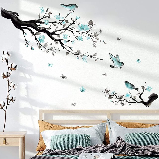 Calcomanía de pared Pájaros en la rama de un árbol Flores Calcomanías de pared Flores Calcomanías de pared azules Sala de estar Dormitorio Sofá Fondo Decoración de pared
