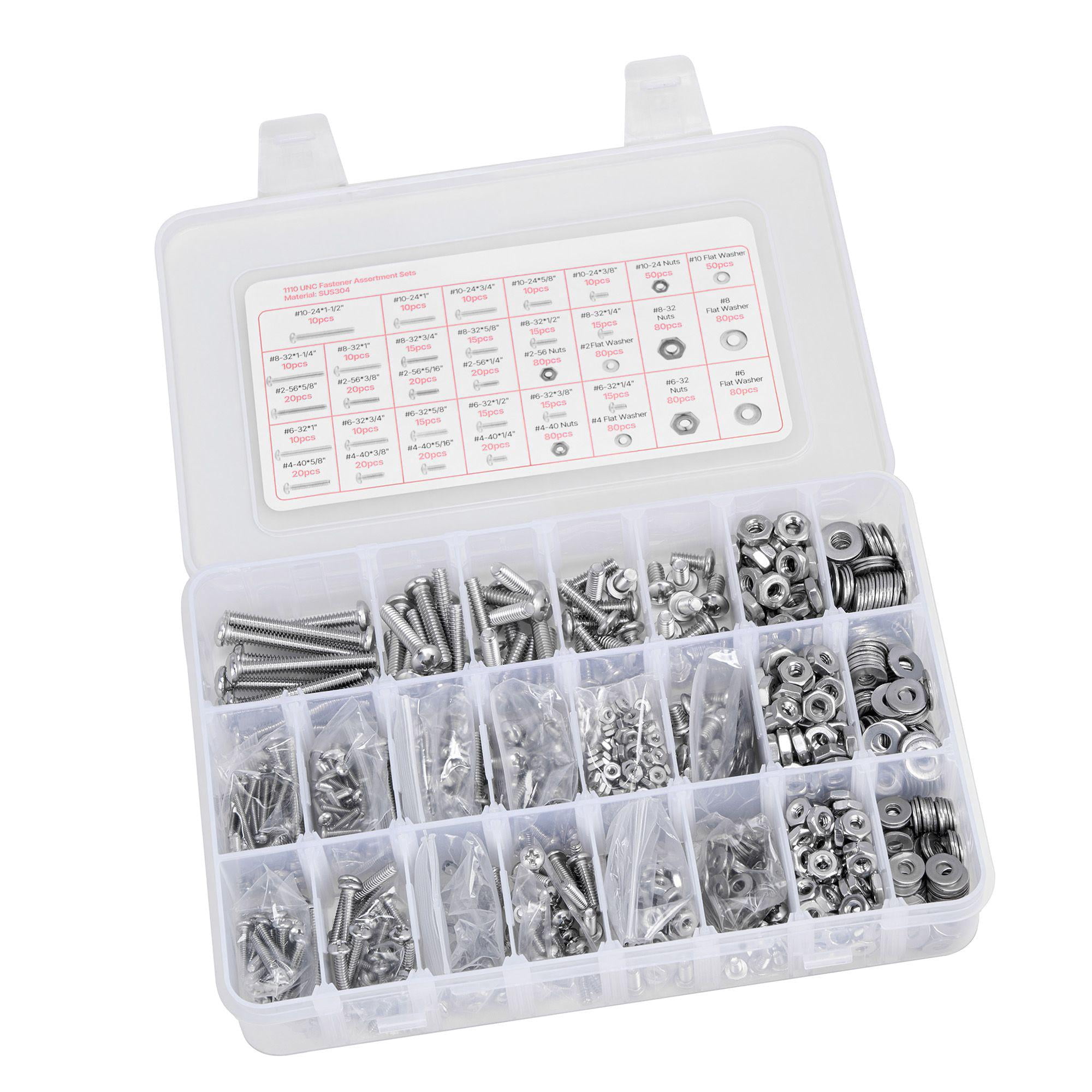 1110 Pcs Bolts Nuts Assortment Kit Imperial Machine Screws Flat Washers Stainless Steel 10 24 8 32 2 56 6 32 4 40 for Furniture Equipment Vehicle Assembly Silver