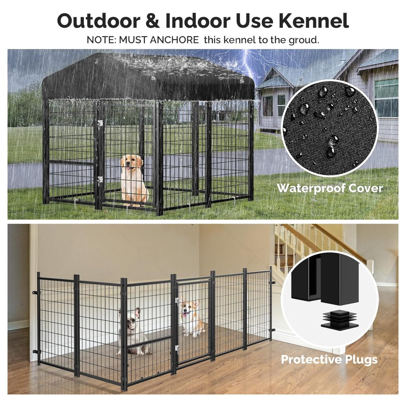Outdoor Dog Kennel Outside Run with Doggy Door&Waterproof Roof - 4x4x4.6FT Large Dog Kennels Pens Outside for Small/Medium Dogs - Heavy Duty Cage Yard (Can Connect to Your Dog House)