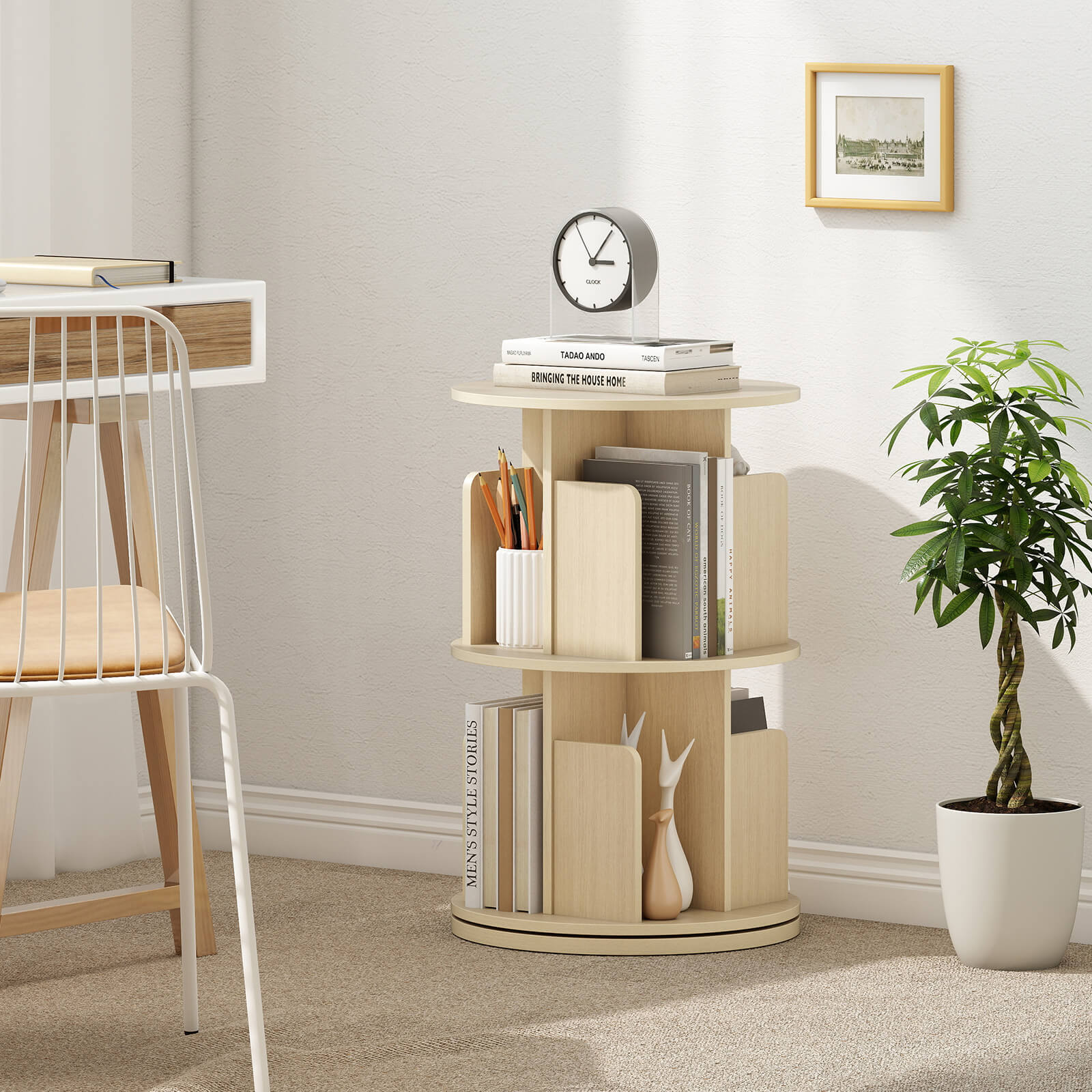 Costway 1 PCS 2-Tier Rotating Bookshelf 360° Display Rack with Dividers & Anti-falling Baffles Natural