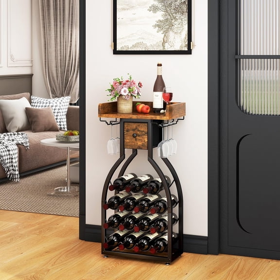 Wine Rack Freestanding Floor, 15 Bottle Storage with Glass Holders and Drawer, Rustic Brown  Bar Cabinet for Home Kitchen