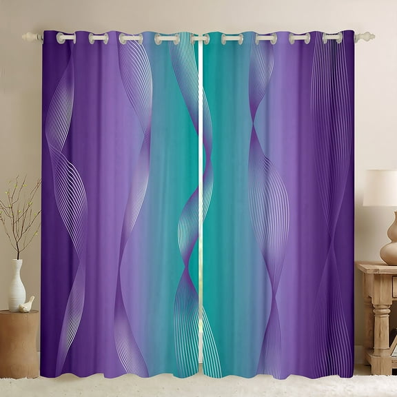 Gradient Teal and Purple Curtains & Drapes 2 Panels 52"Wx63"L,Silver Foil Print Wave Striped Curtains Ombre 30%-50% Blackout Curtains,Abstract Art Room Decor Aesthetic