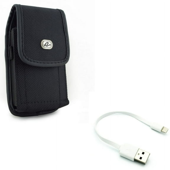 Short USB Cable w Case Belt Clip for iPhone XR - Charger Cord Power Wire Fast Charge, Rugged Holster Canvas Cover Pouch Compatible With iPhone XR