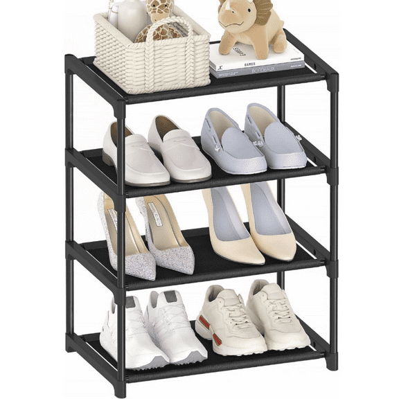 4 Tier Small Shoe Rack, Narrow Stackable Kids Toddler Adult Shoe Storage Organizer Shelf for Closet Floor Entryway Bedroom, Space Saver Shoe Rack Organization Shelves