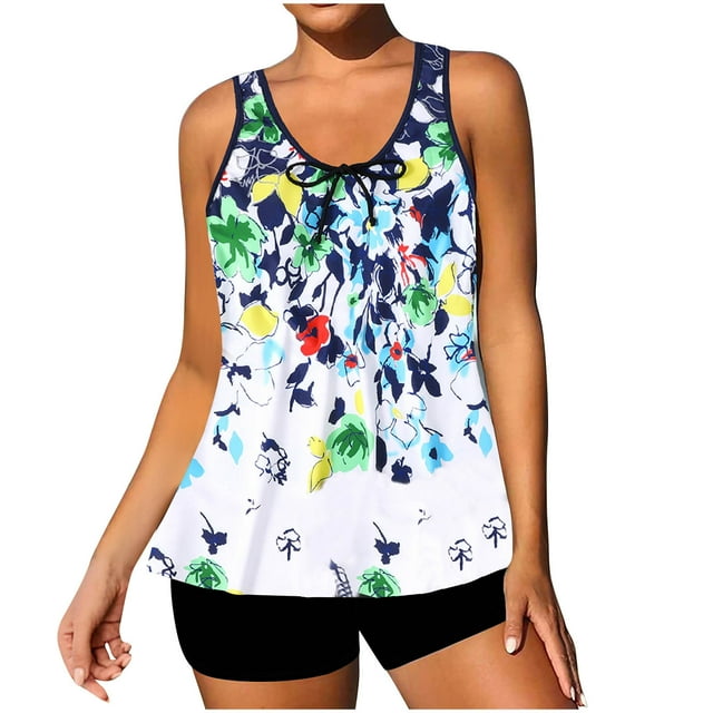 Split Swimsuit for Women, V-Neck Sleeveless Tankini with Chest Pad, Polyester-Spandex Blend, Conservative Coverage, Regular Length, Printed Design