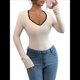 thumbnail image 1 of Camisetas Ajustadas con Cuello en Forma de Corazón para Mujer, Tops de Punto Acanalado con Mangas Largas Acampanadas Albaricoque M, 1 of 7