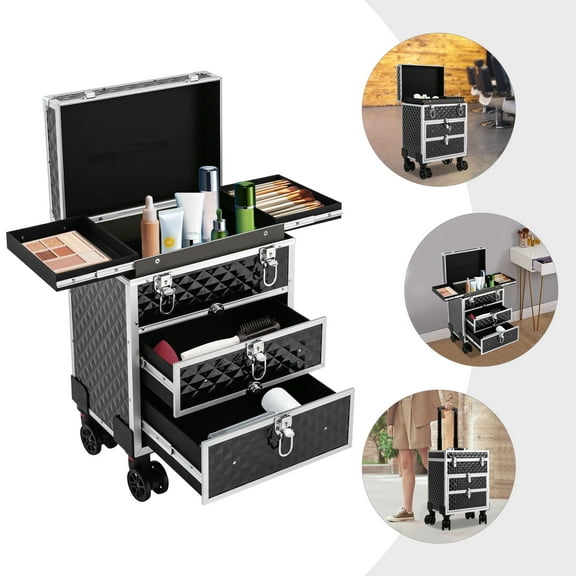 Miumaeov Professional Rolling Makeup Train Case Large Aluminum Cosmetic Trolley Organizer with 360°Rotatable Wheels