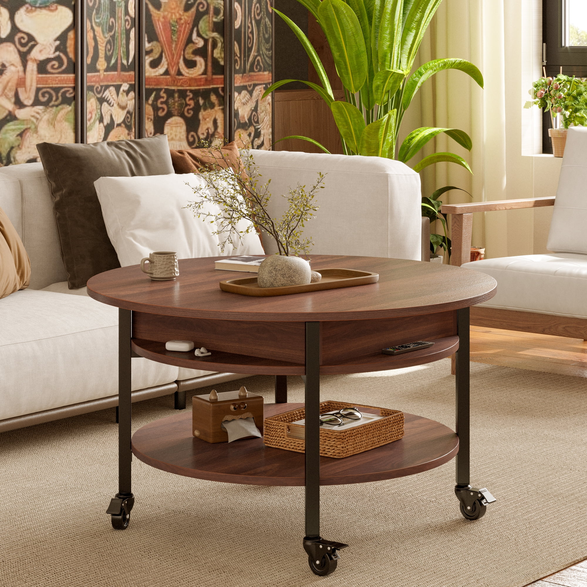 GUNAITO Round Small Lift Top Coffee Table on Wheels with Storage, Modern Farmhouse Center Table with Shelf Small Circle Table for Living Room, Walnut
