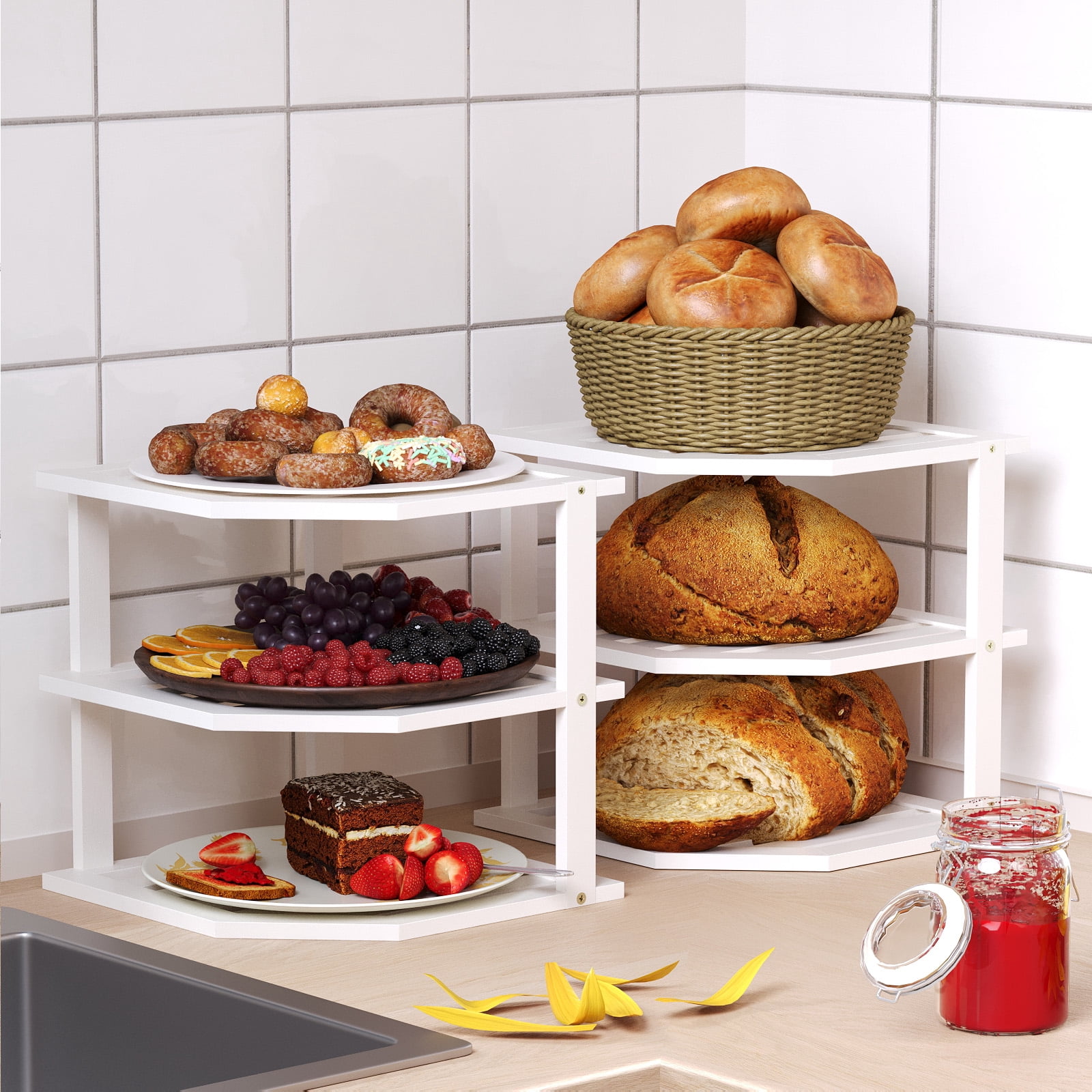 Bamboo Corner Shelf(2 Pack),3 Tier Plate Organizer for Cabinet and Countertop,Pantry Dish and Spice Rack for Kitchen(White)