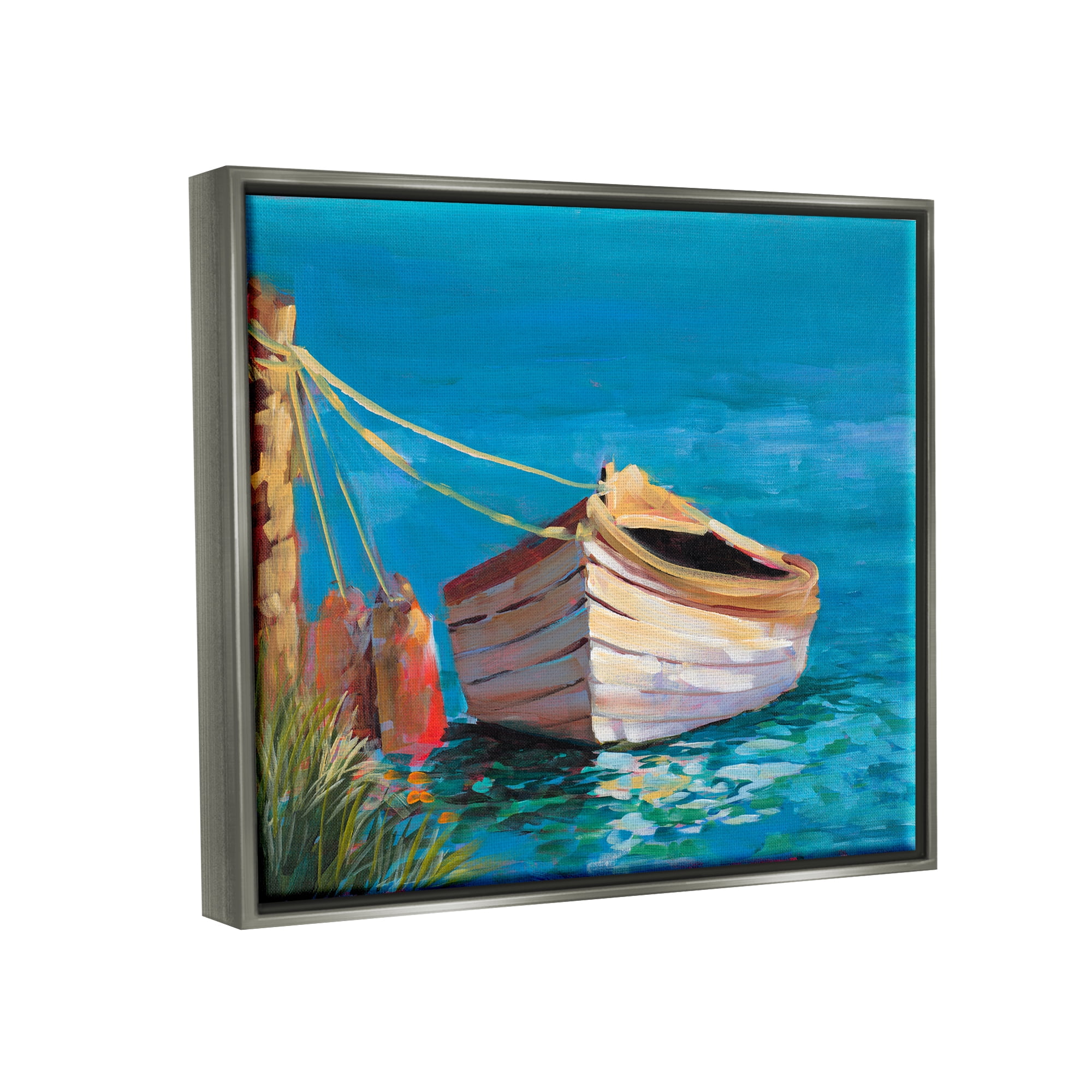 Stupell Industries Docked Boat in Lake Transportation Painting Gray Floater Framed Art Print Wall Art, 21 x 17
