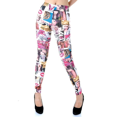 - Womens Multicolor Fashion Magazine Makeup Collage Print Tights Legg...