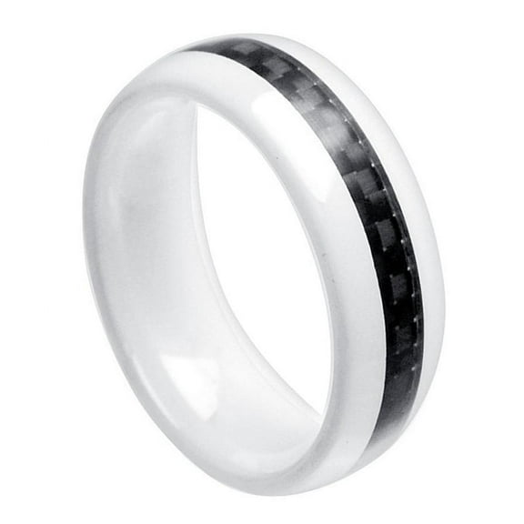 8mm White Ceramic Domed with black Carbon Fiber Inlay Wedding Band Ring For Men Or Ladies