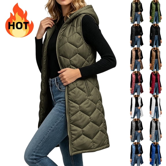 KICILVS Long Puffer Vest Women Hooded Geometric Quilted Sleeveless Jacket Long Puffer Coat with Side Pockets