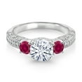 thumbnail image 2 of Gem Stone King 925 Sterling Silver White Moissanite and Red Created Ruby Engagement Ring for Women (1.78 Cttw, Gemstone, Round 7MM and 4MM, Size 7), 2 of 3