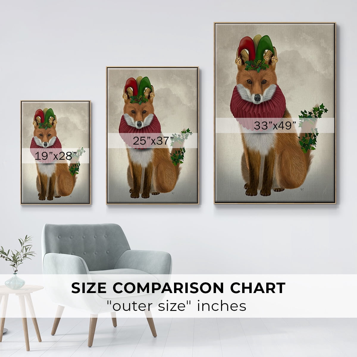 Christmas Holly and Ivy Fox - Framed Gallery Wrapped Holiday Canvas - 27 x 41 - Natural Wood Frame